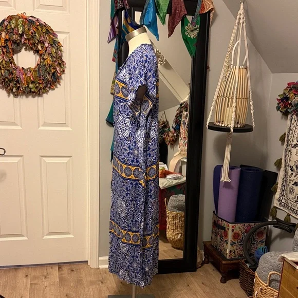 NWOT Loungewear Blue and Gold Patterned Cotton Midi Dress small - Picture 3 of 7